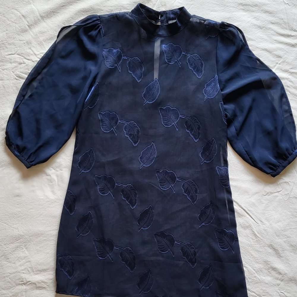 Forever 21 Sheer Navy Embroidered Tunic, Size M - Leaf Pattern